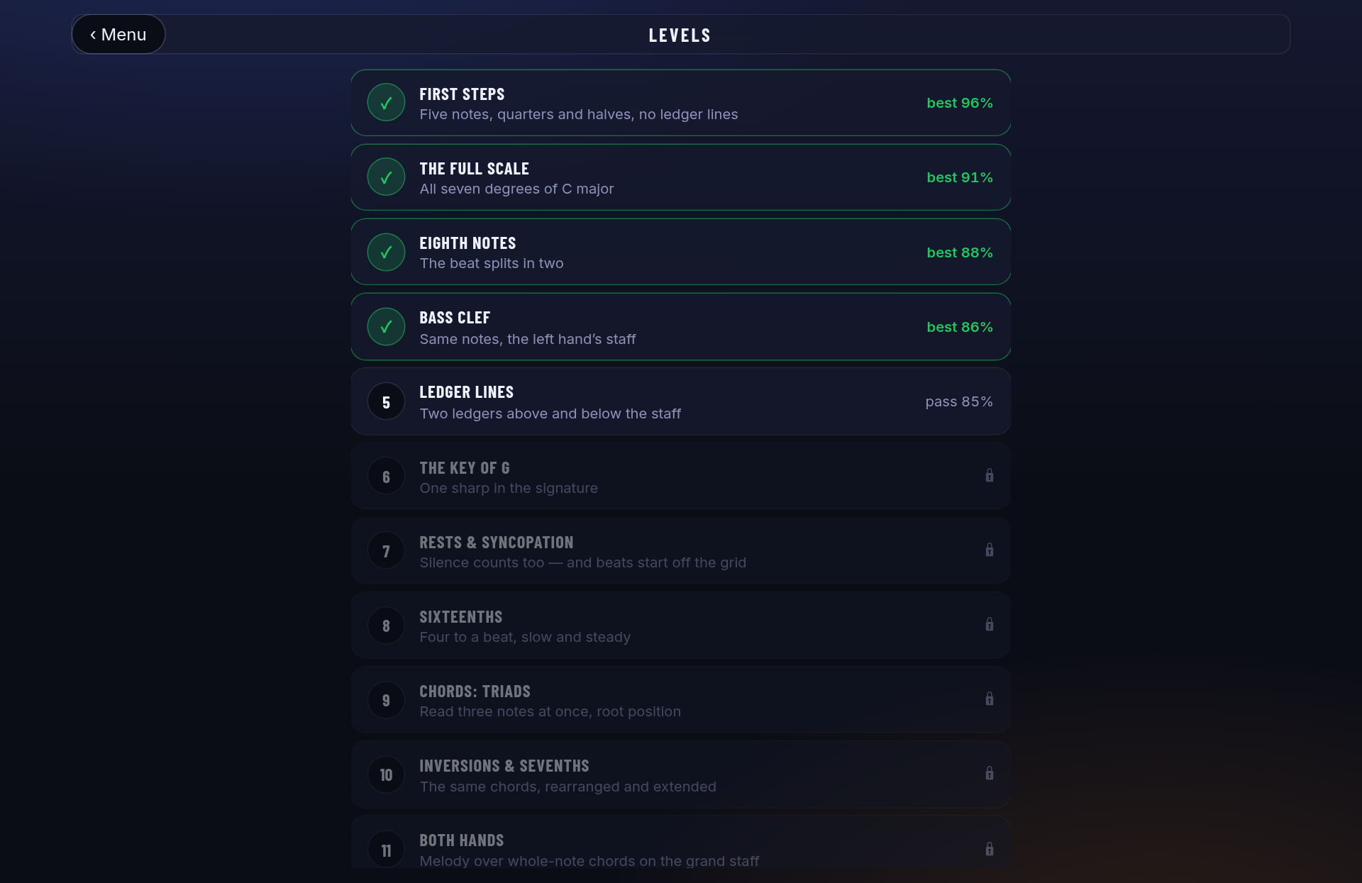 QuickClef level ladder showing passed, current and locked levels with best scores