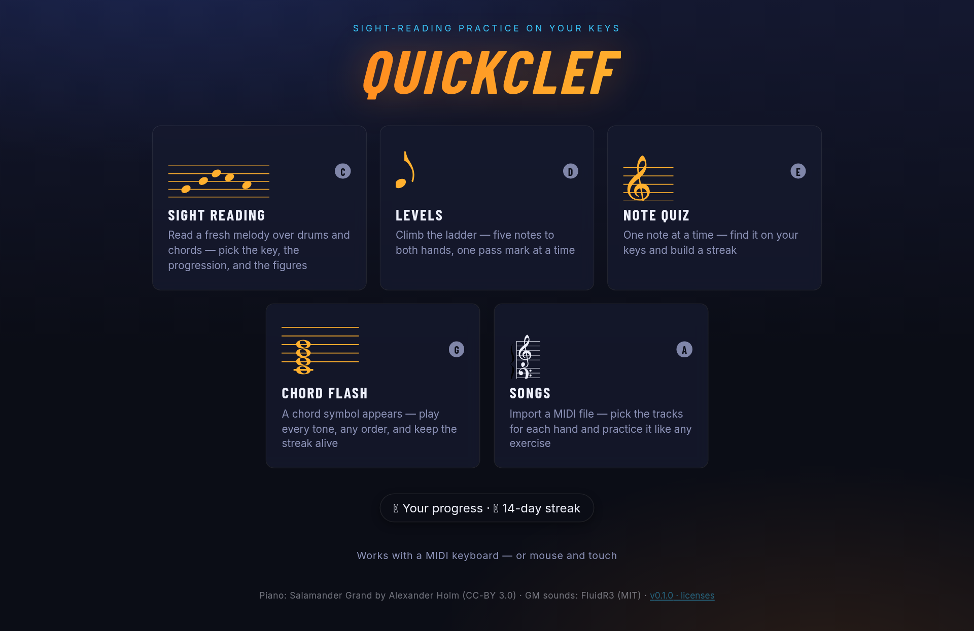 QuickClef home menu with Sight Reading, Levels, Note Quiz, Chord Flash and Songs modes